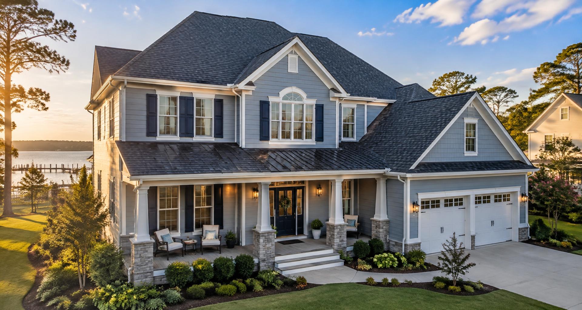 Home with a new architectural shingle roof installed by Domi Roofing